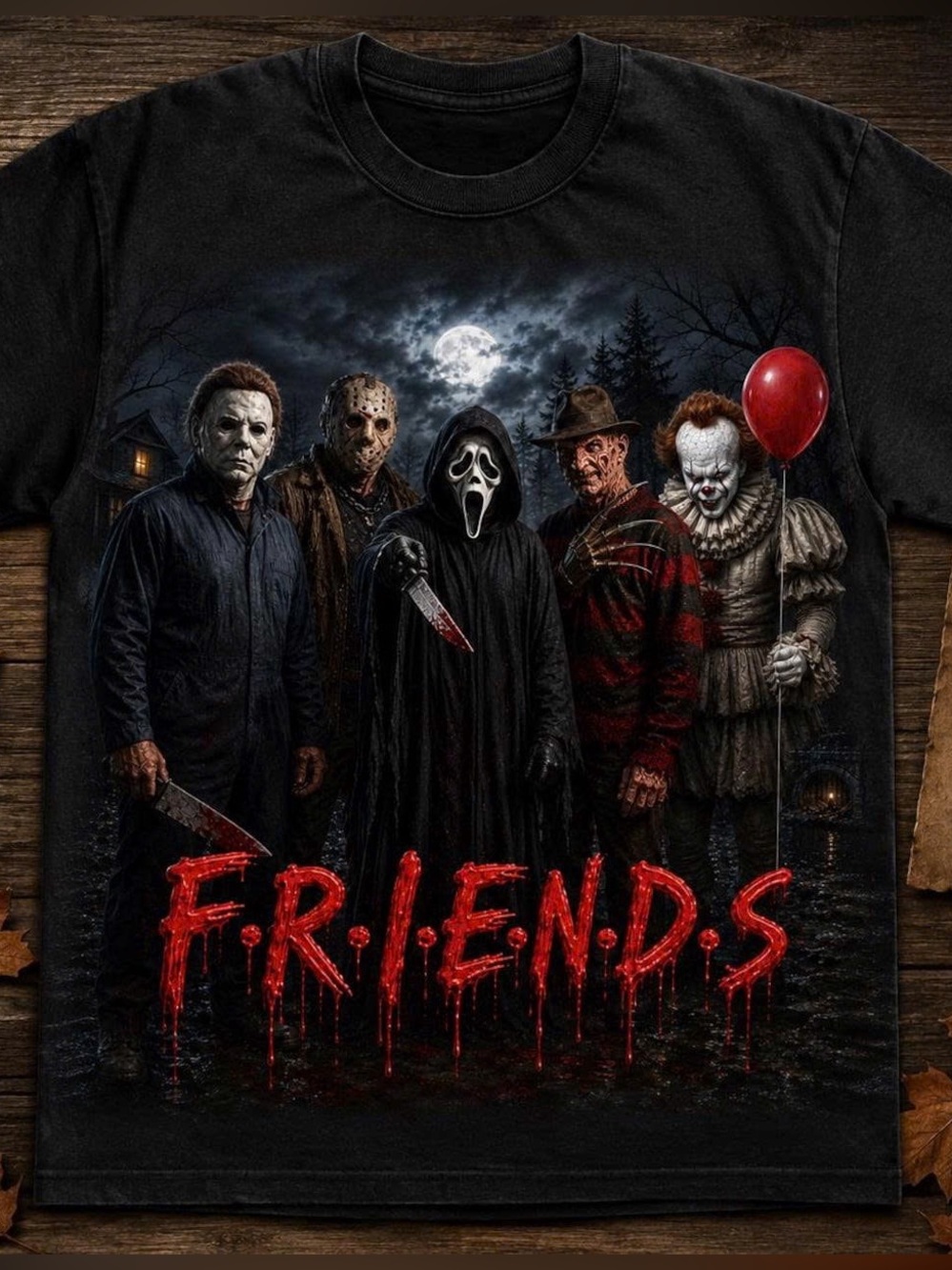 Black Horror Icons Graphic Tee - 'Friends' Design